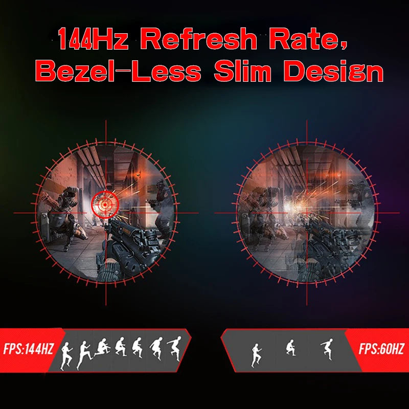 Two views of a瞄准镜界面，显示144Hz刷新率和无边框设计。