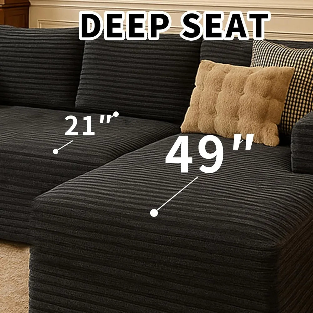 Black sectional sofa with measurements labeled on a neutral background