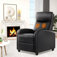 Black recliner chair with orange buttons in a living room setting.