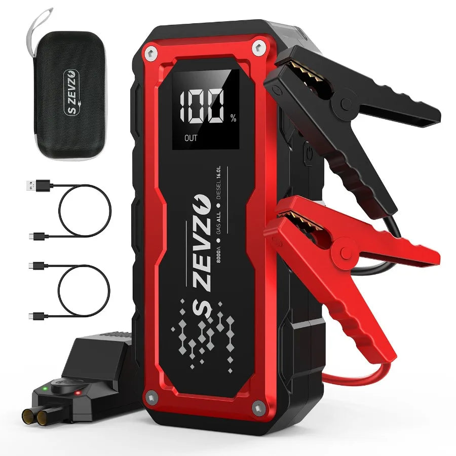 Red and black ZEVZO car jump starter with clamps and cables on a white background
