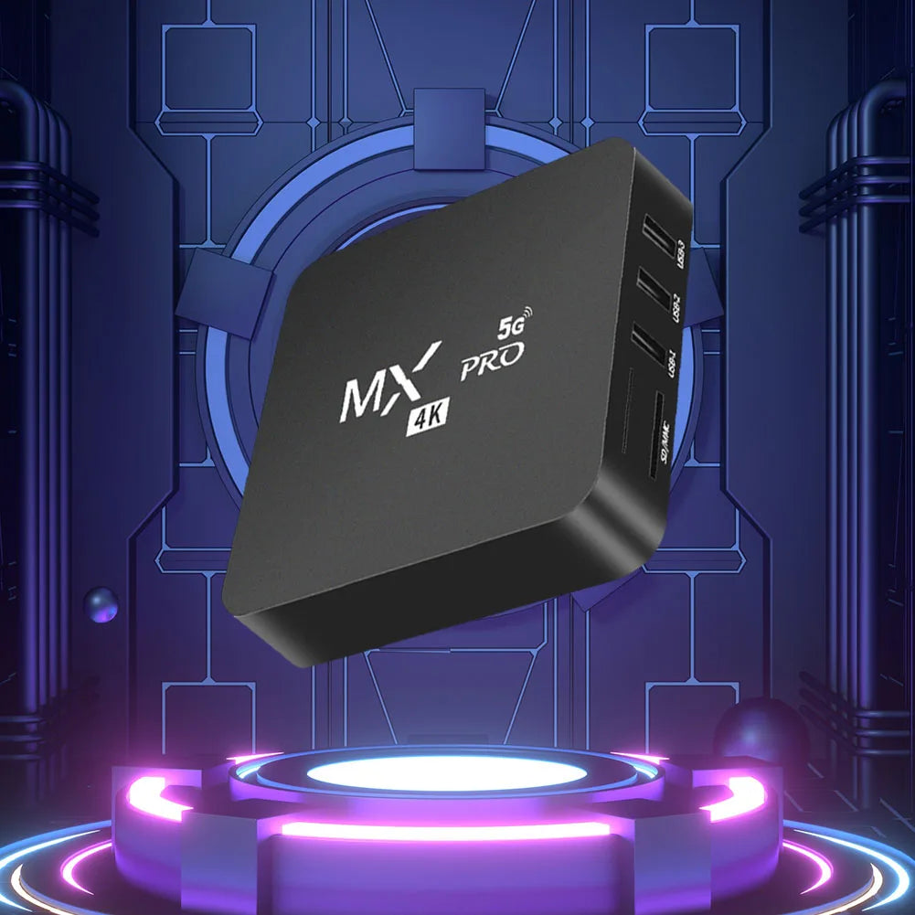 Black electronic device with 'MX 5G PRO 4K' branding on a futuristic blue background