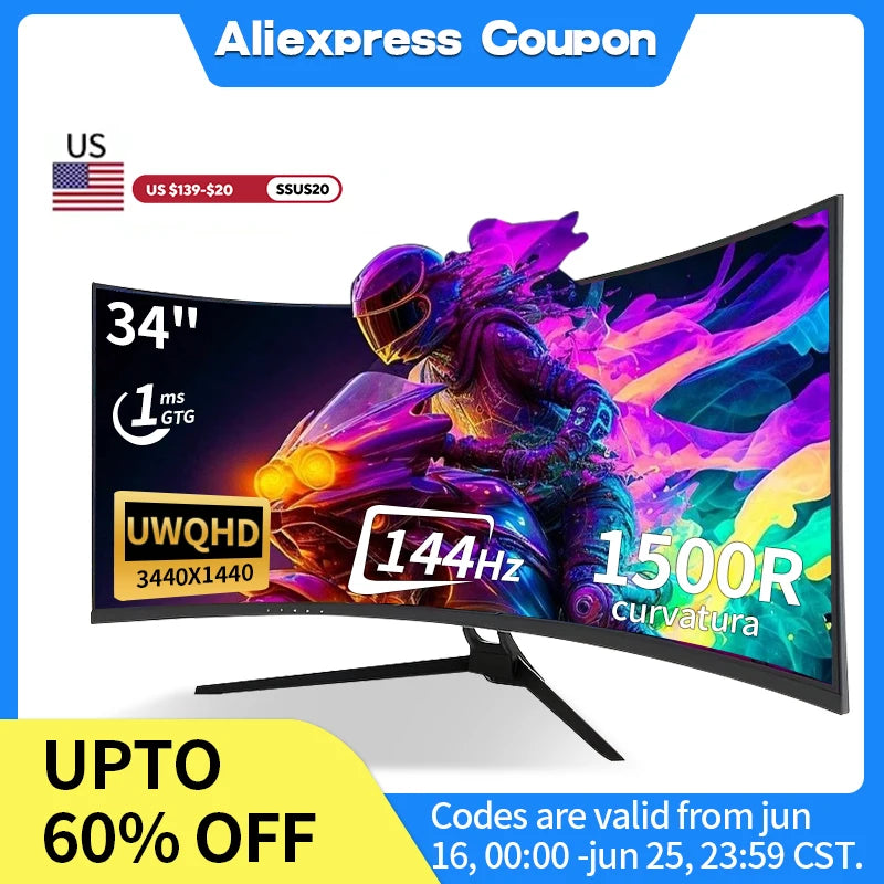 Curved monitor with gaming display on a white background, featuring Aliexpress coupon text.