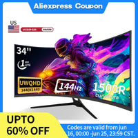 Curved monitor with gaming display on a white background, featuring Aliexpress coupon text.