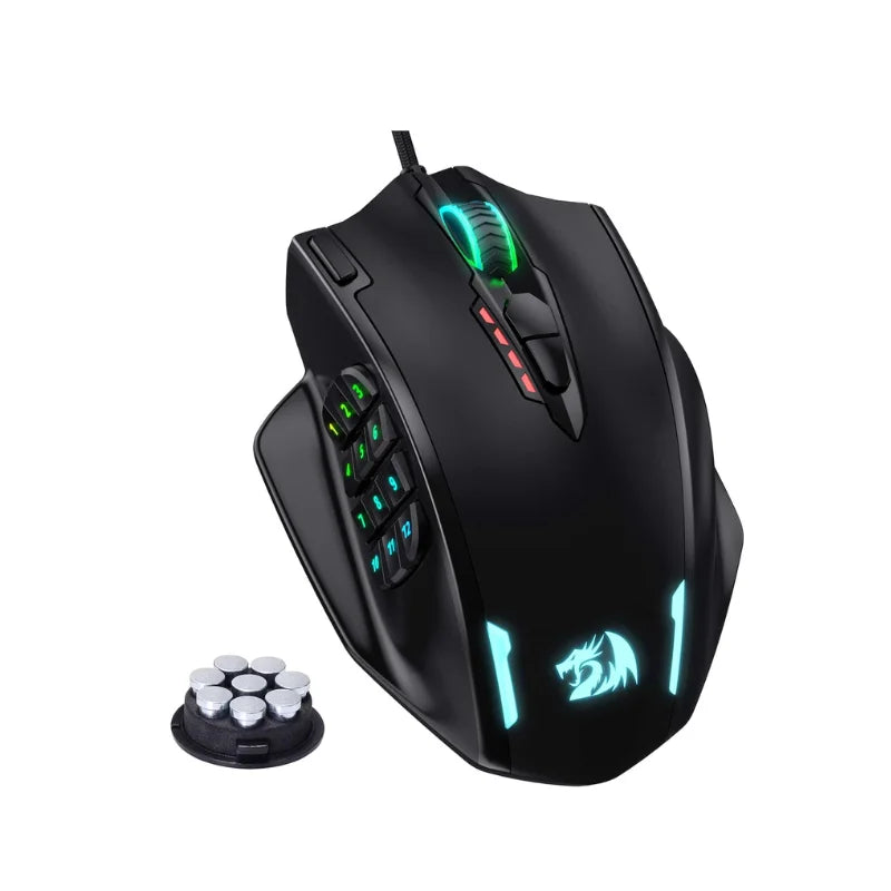 Gaming mouse with RGB lighting and additional buttons on a white background