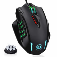 Gaming mouse with RGB lighting and additional buttons on a white background
