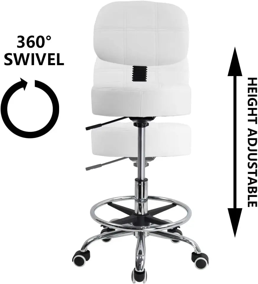 Swivel Round Rolling Stool PU Leather with Adjustable Foot Rest Height Adjustable Task Work Drafting Chair with Back(White)