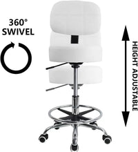 Swivel Round Rolling Stool PU Leather with Adjustable Foot Rest Height Adjustable Task Work Drafting Chair with Back(White)
