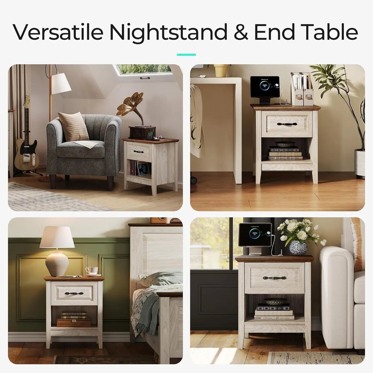 Night Stand 18.9" Farmhouse Wood Night Stand with Type-C Charging Station Open Storage Shelf Nightstands with Drawer Side Table