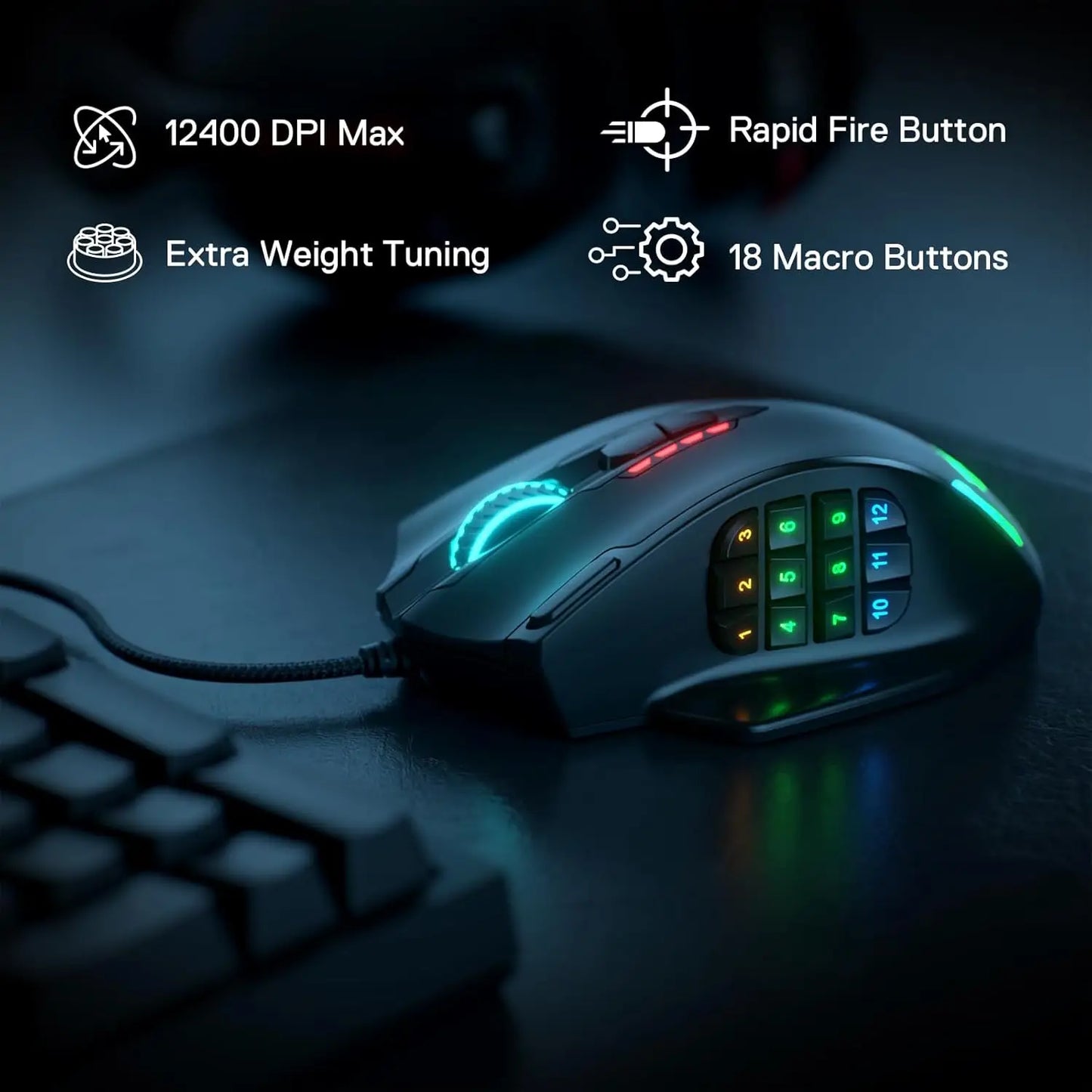 Gaming mouse with RGB lighting on a dark surface, featuring specifications.
