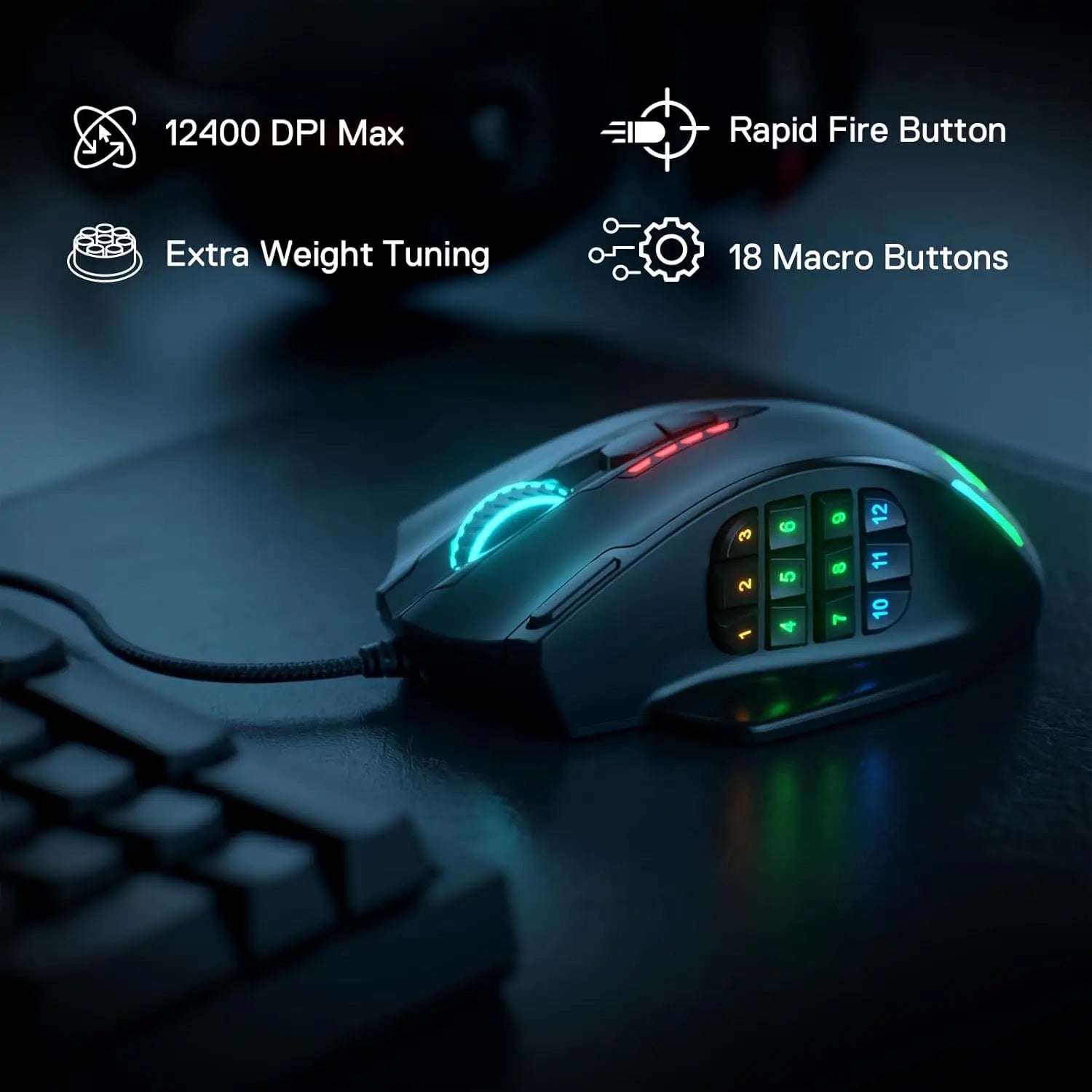 Gaming mouse with RGB lighting on a dark surface, featuring specifications.