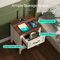 Night Stand 18.9" Farmhouse Wood Night Stand with Type-C Charging Station Open Storage Shelf Nightstands with Drawer Side Table