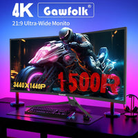 Gawfolk 4K ultra-wide monitor with a motorcycle graphic on the screen, placed on a desk.