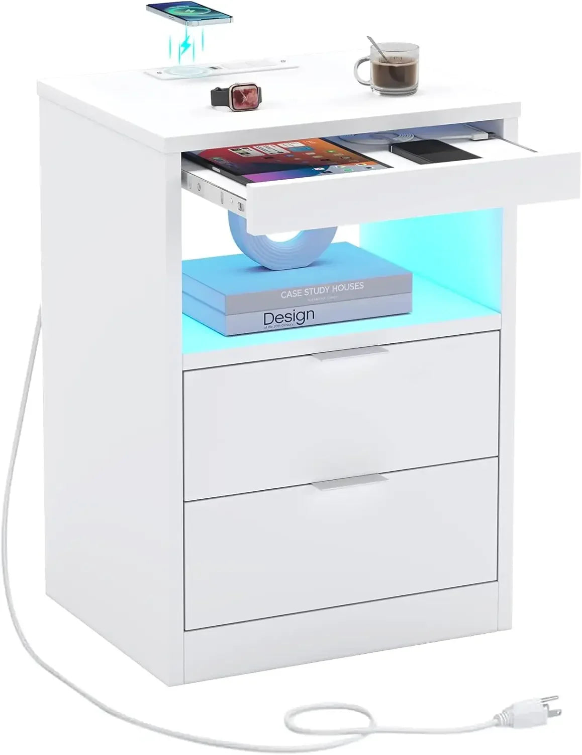 LED Nightstands  Nightstand with Wireless Charging Station 2 Drawers, Modern Bedroom End Side Table with LED Lights