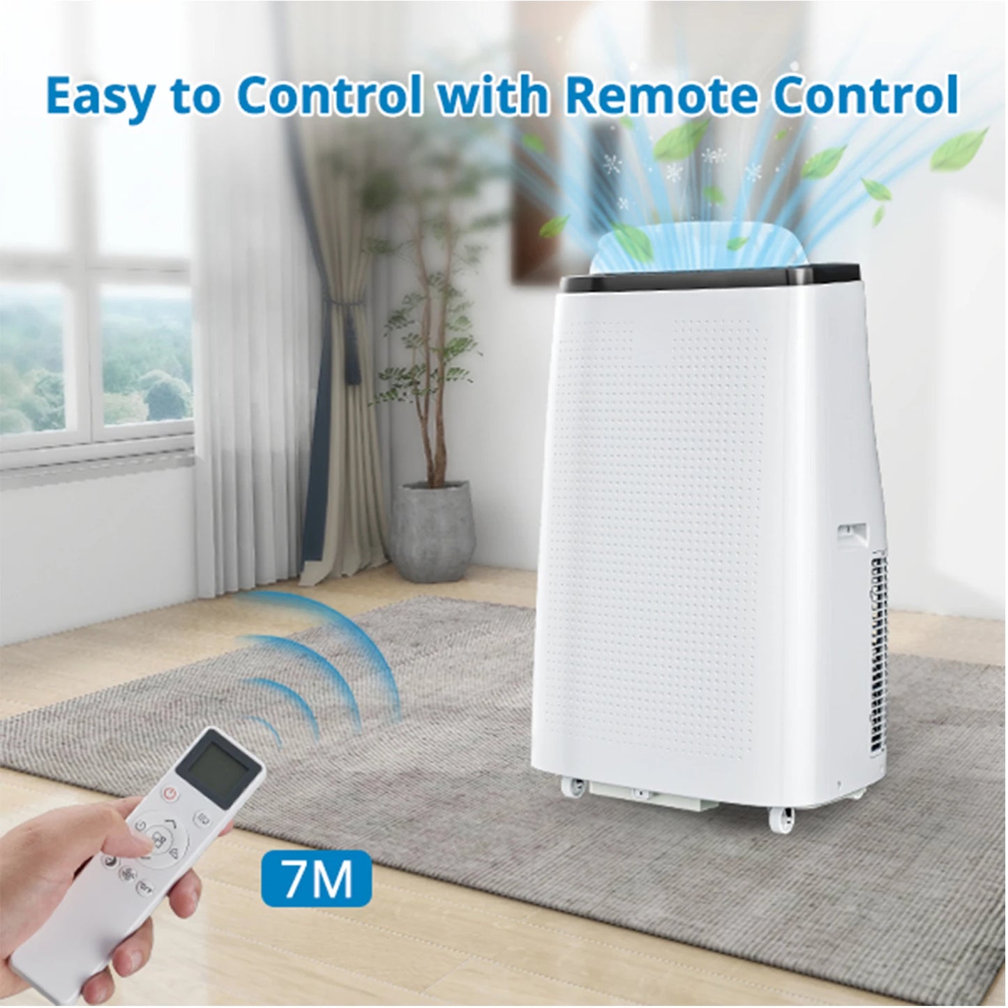 Portable air conditioner with remote control in a room setting