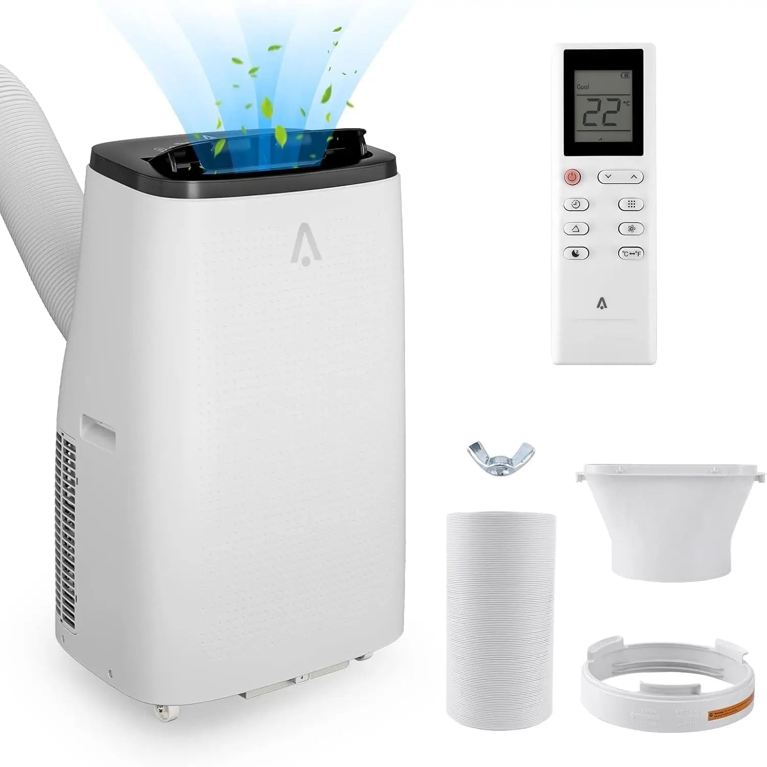 Portable air conditioner with remote control and accessories on a white background