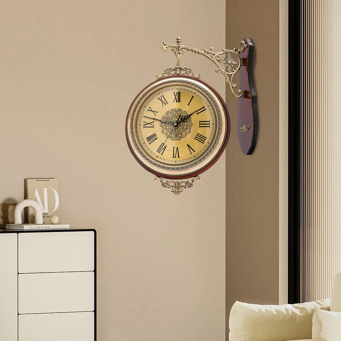 Double-Sided Vintage Wall Clock, 12" Silent Sweep Movement with 360° Rotating Design for Living Room & Office (Brown/Gold)