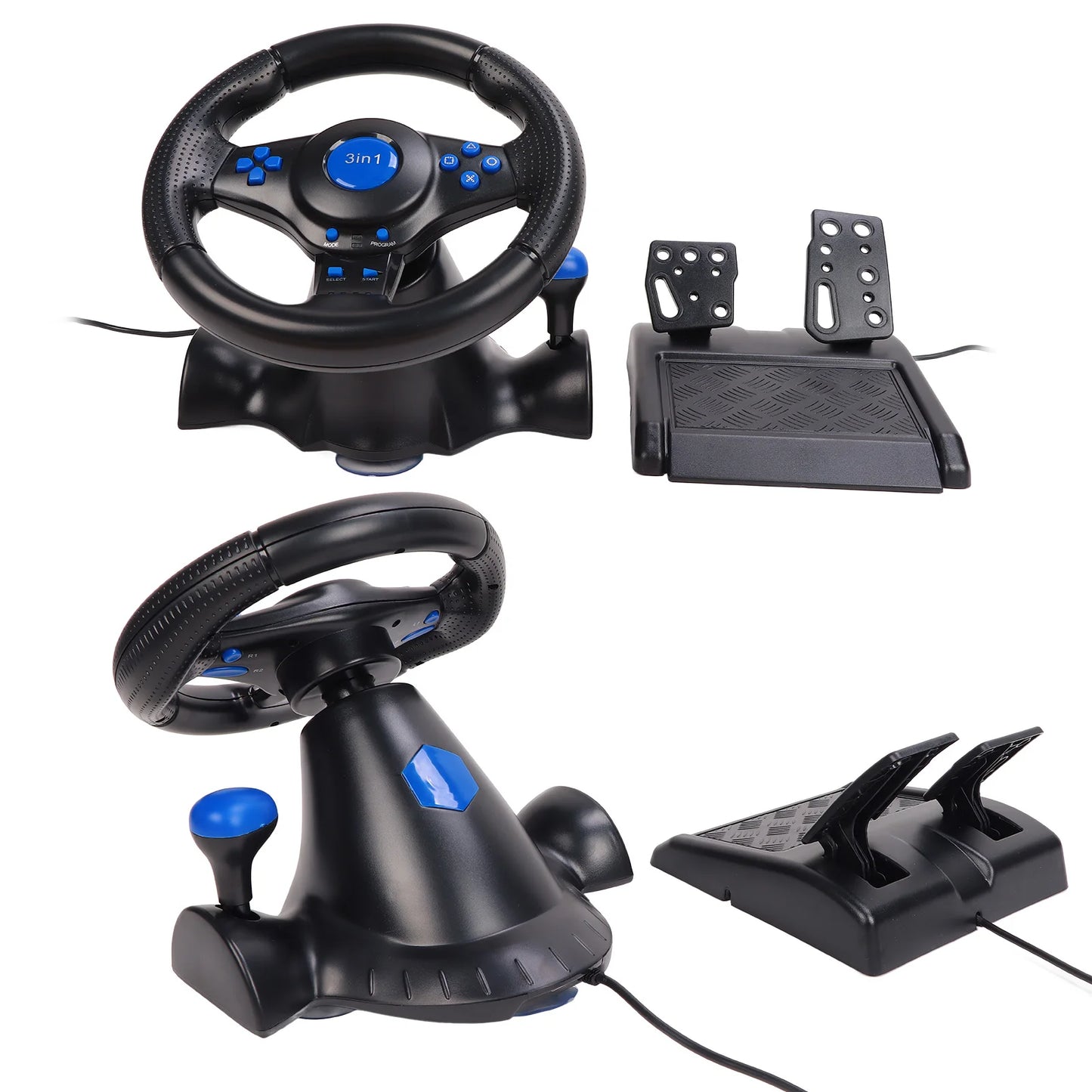 PC Gaming Racing Wheel Gaming Steering Wheel 180 Degree Rotation Multifunctional 3 in 1 Game Racing Wheel with Pedals for PC