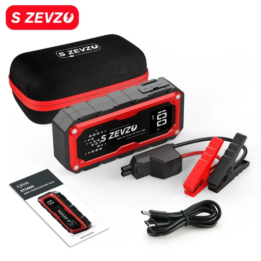 S ZEVZO battery jump starter with carrying case and accessories on a white background