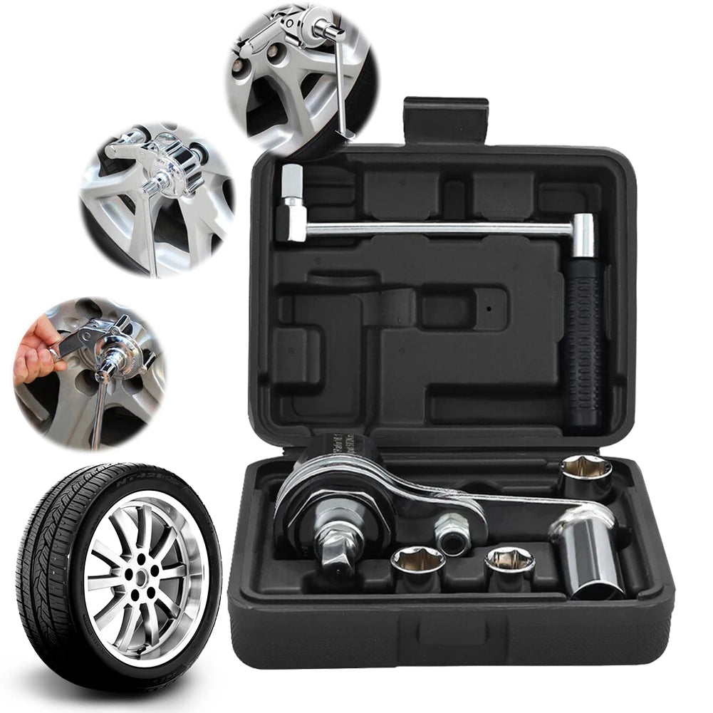 Tool kit for changing car tires with tire and rim images on a white background