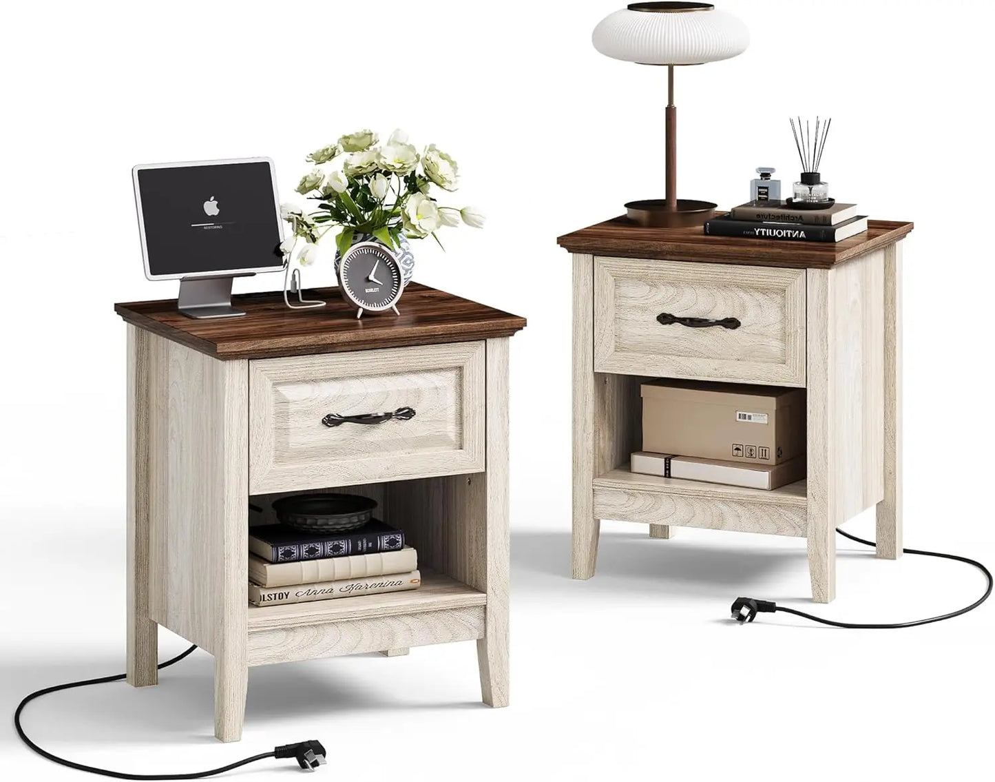 Night Stand 18.9" Farmhouse Wood Night Stand with Type-C Charging Station Open Storage Shelf Nightstands with Drawer Side Table