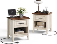 Night Stand 18.9" Farmhouse Wood Night Stand with Type-C Charging Station Open Storage Shelf Nightstands with Drawer Side Table