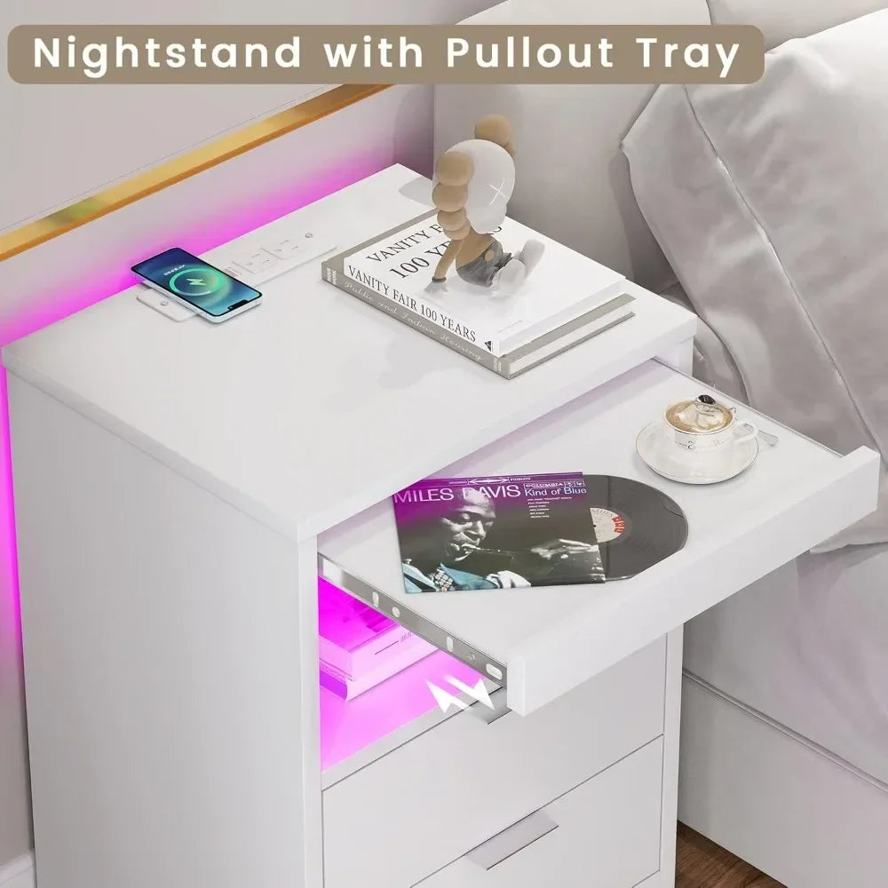 LED Nightstands  Nightstand with Wireless Charging Station 2 Drawers, Modern Bedroom End Side Table with LED Lights