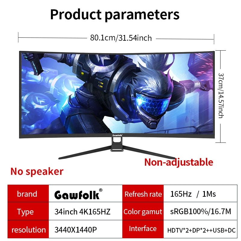Gaming monitor with specifications displayed on a white background