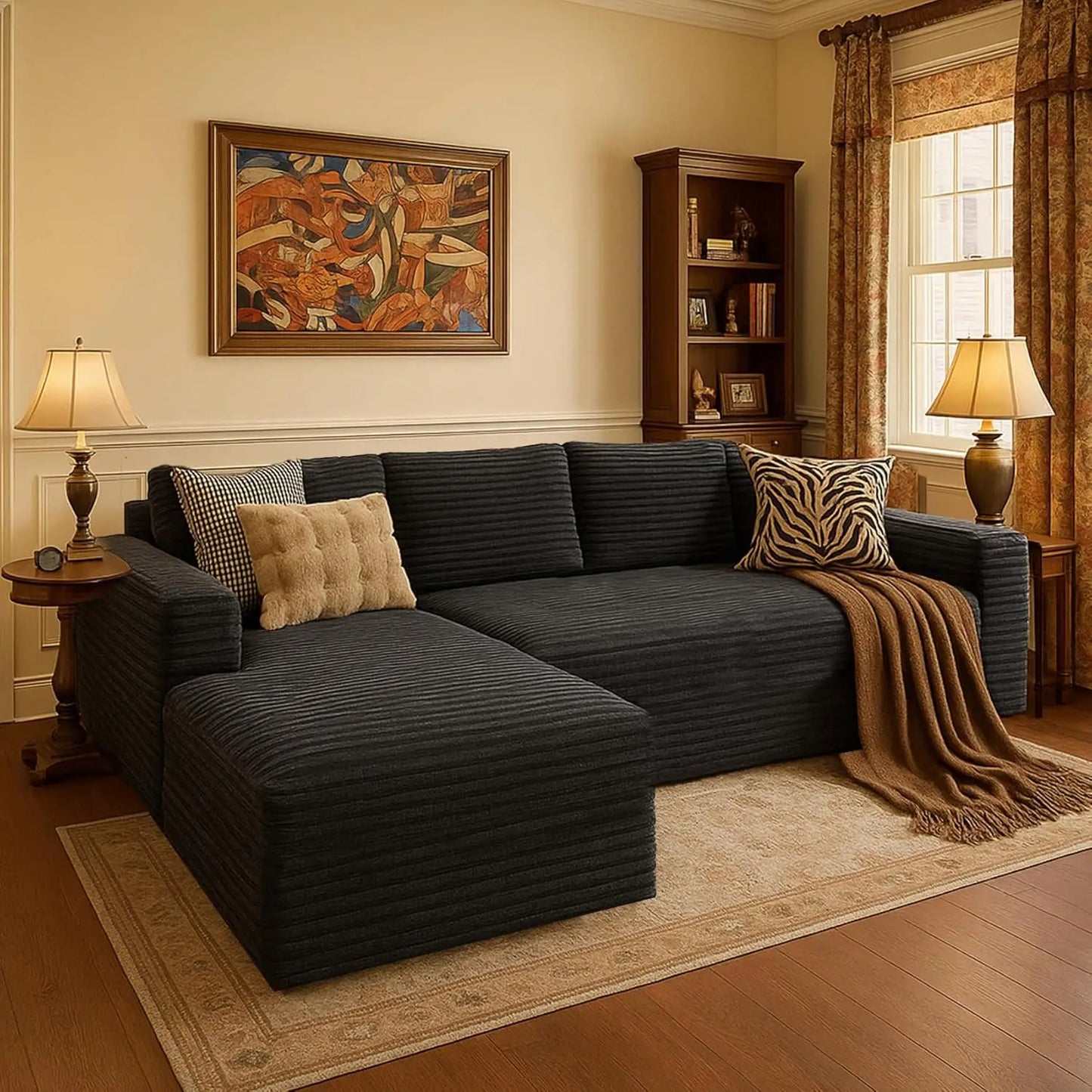 Living room with a dark gray sectional sofa, decorative pillows, and a lamp.
