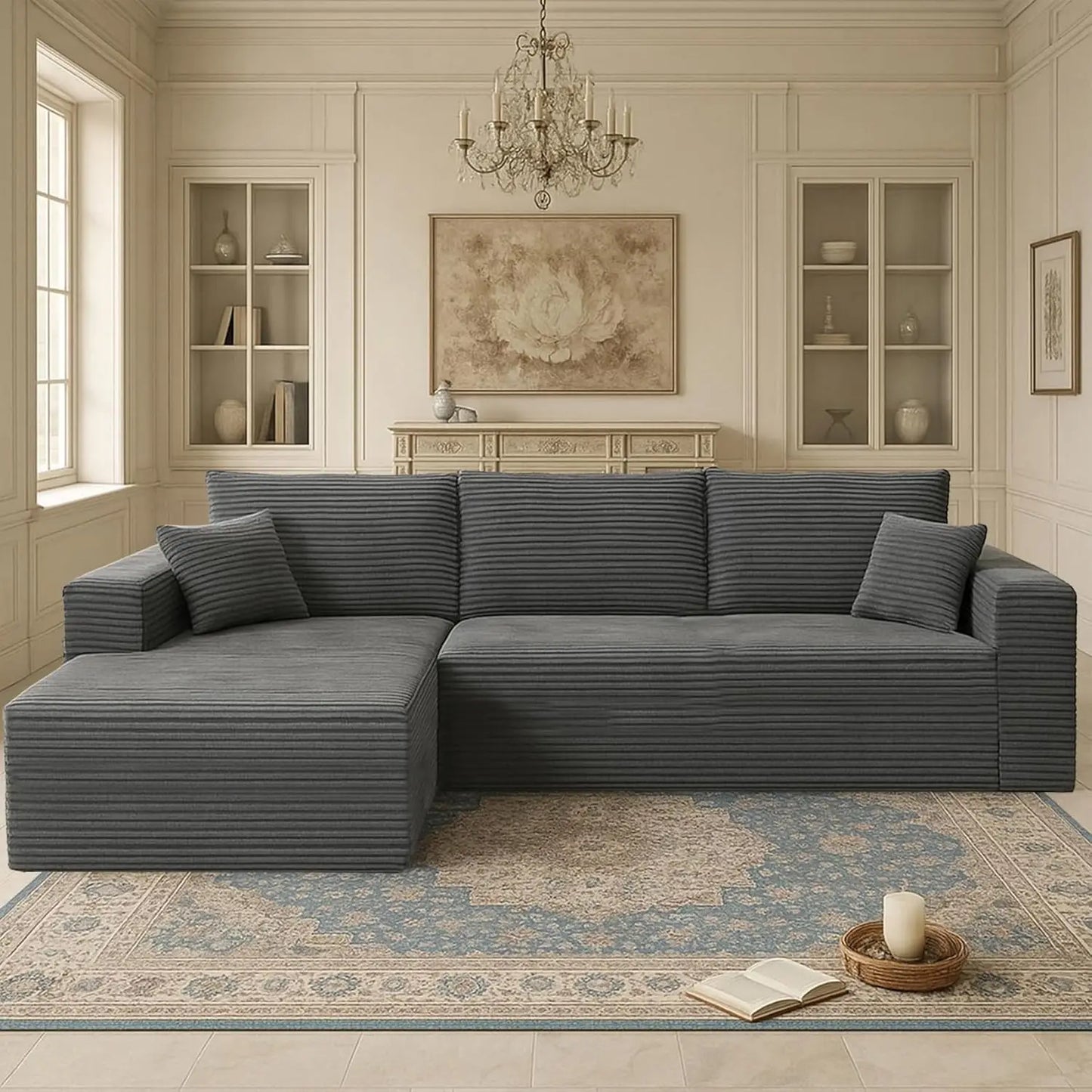 Gray sectional sofa in a living room with decorative elements.