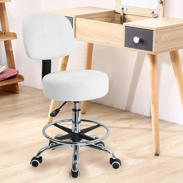 Swivel Round Rolling Stool PU Leather with Adjustable Foot Rest Height Adjustable Task Work Drafting Chair with Back(White)