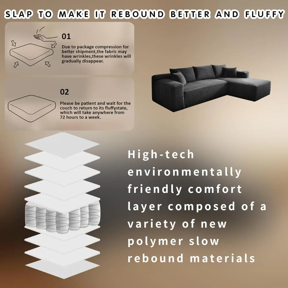 Sofa with text and illustrations explaining its high-tech comfort layer.